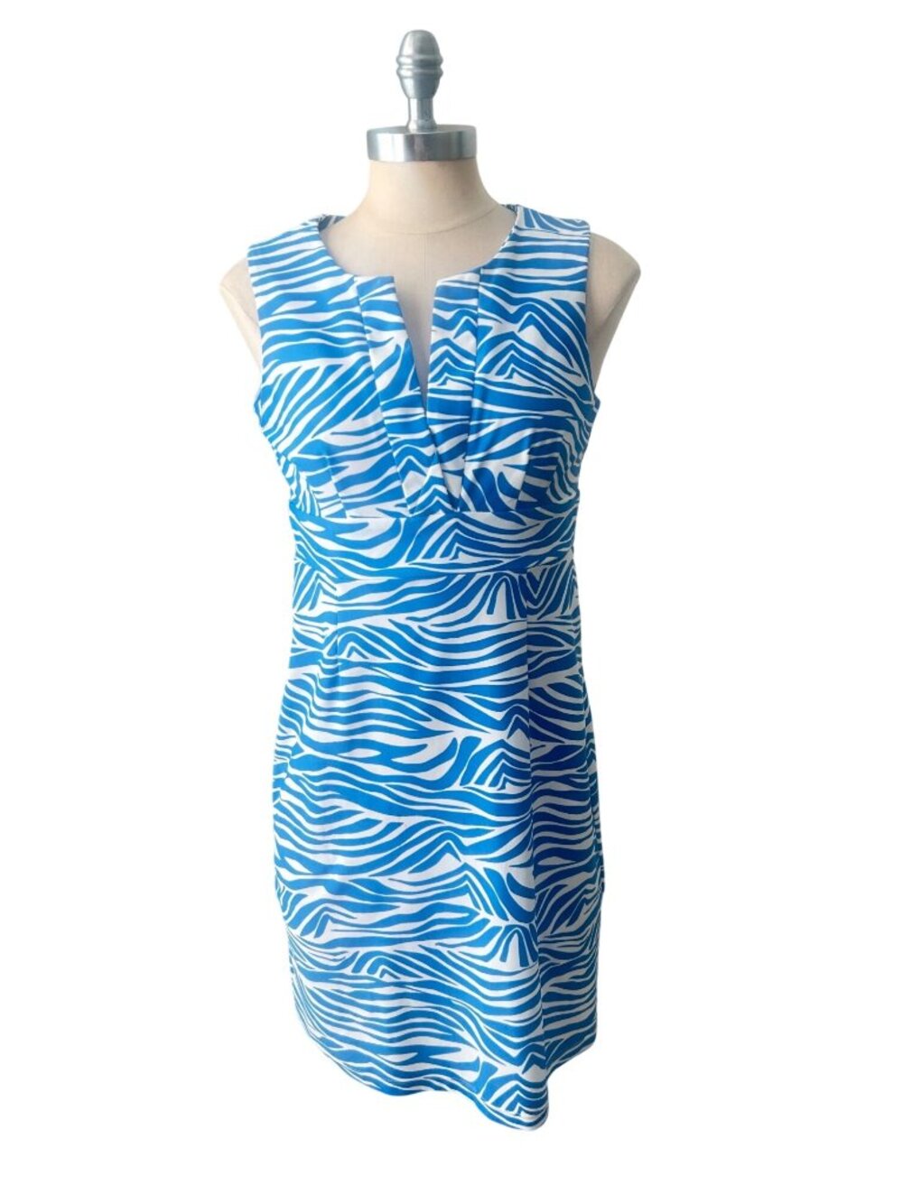 Jude Connally Blue & White Sleeveless Zebra Print Stretch Dress Small